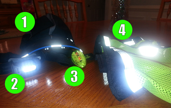 1. Under Armour Hat - 2. Head Lamp - 3. Blinker - 4. Vest